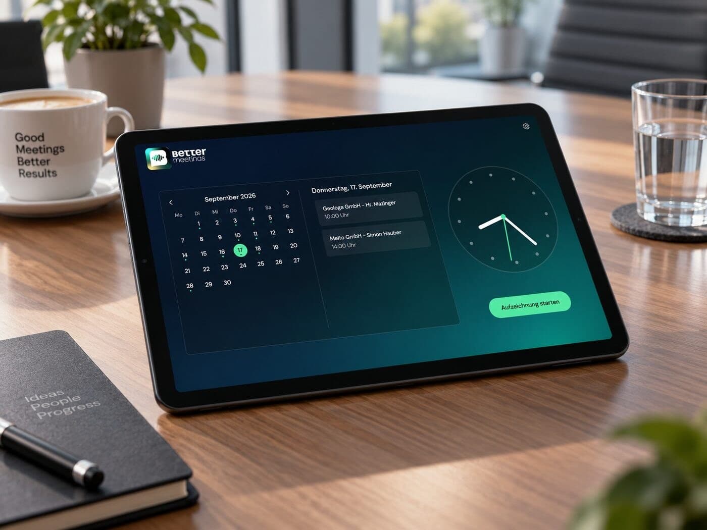 Tablet mit der better meetings App auf einem Konferenztisch, bereit zur Aufzeichnung