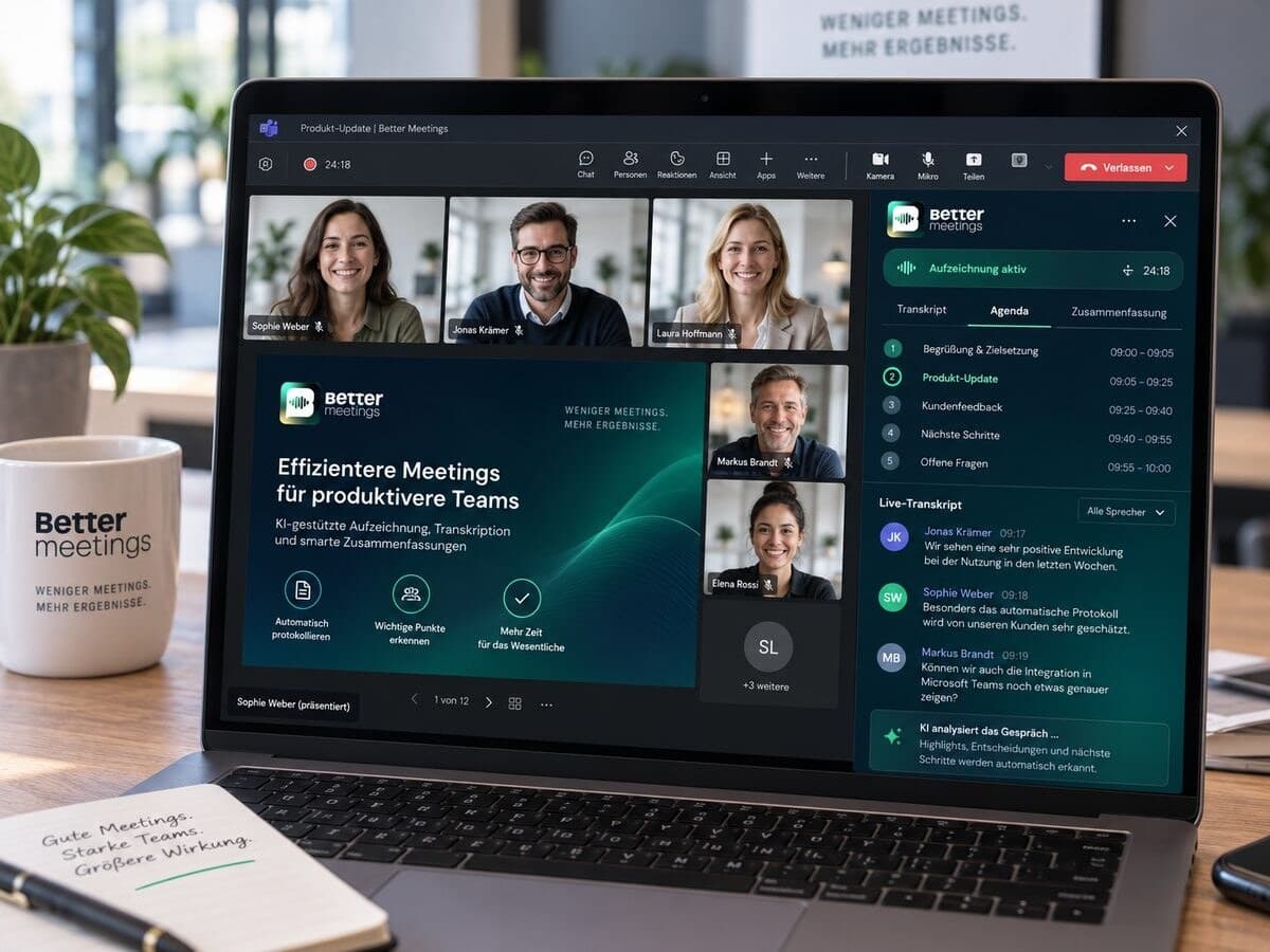 Laptop mit Teams-Meeting und better meetings Protokoll im Seitenpanel